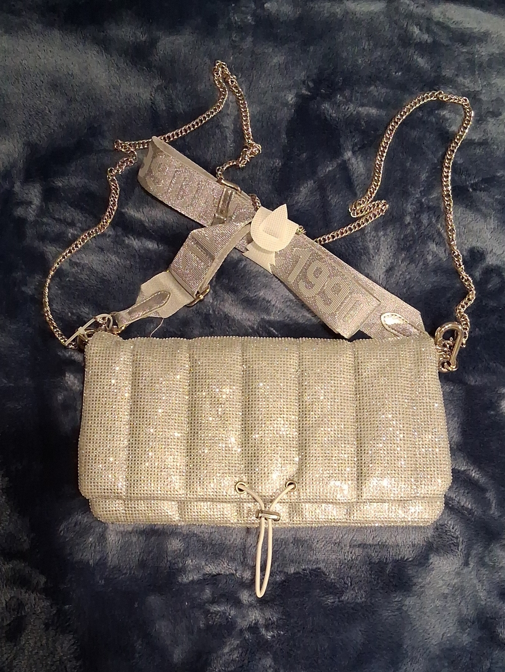 Steve Madden Quilted Silver Sequin Crossbody Bag with Decorative Strap